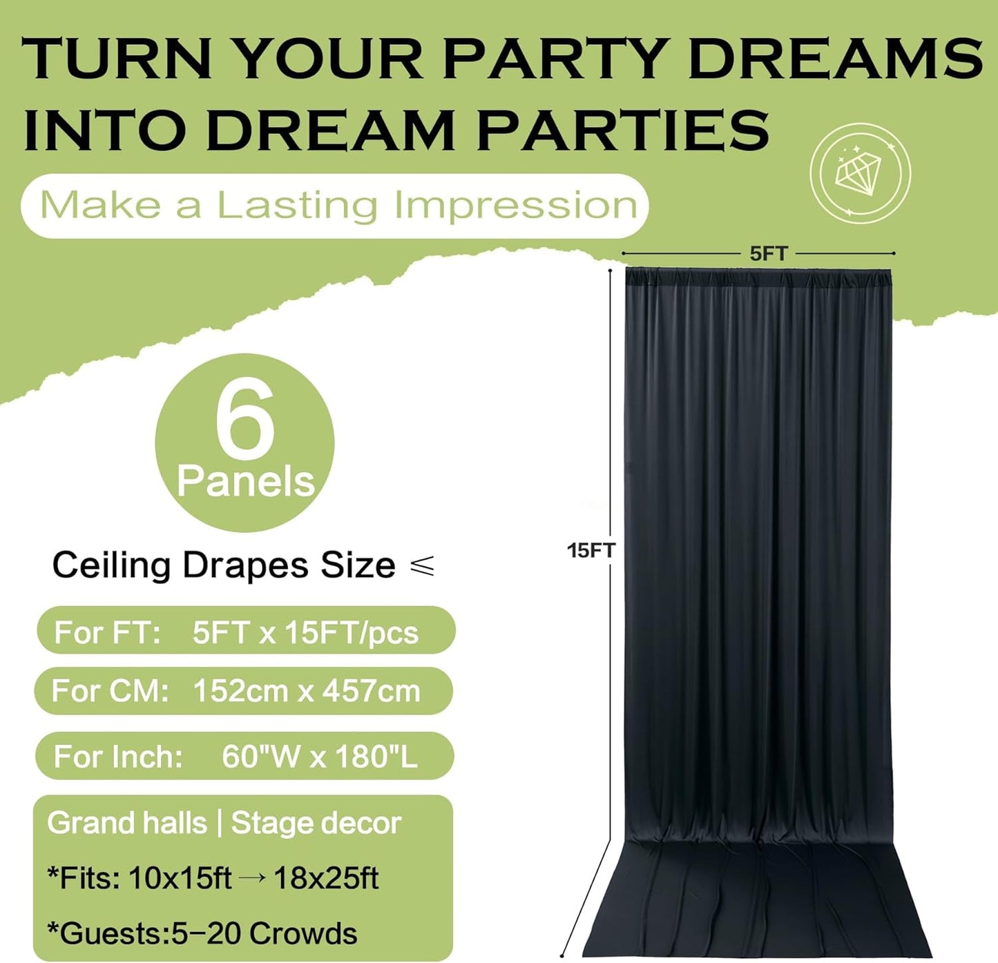 PartyVillage 30ft×15ft Black Backdrop Curtain for Halloween Parties, 6 Panels Wrinkle Free 15 FT Long Polyester Photo Backdrop Drapes Back Drop Cloth for Birthday Photography Background