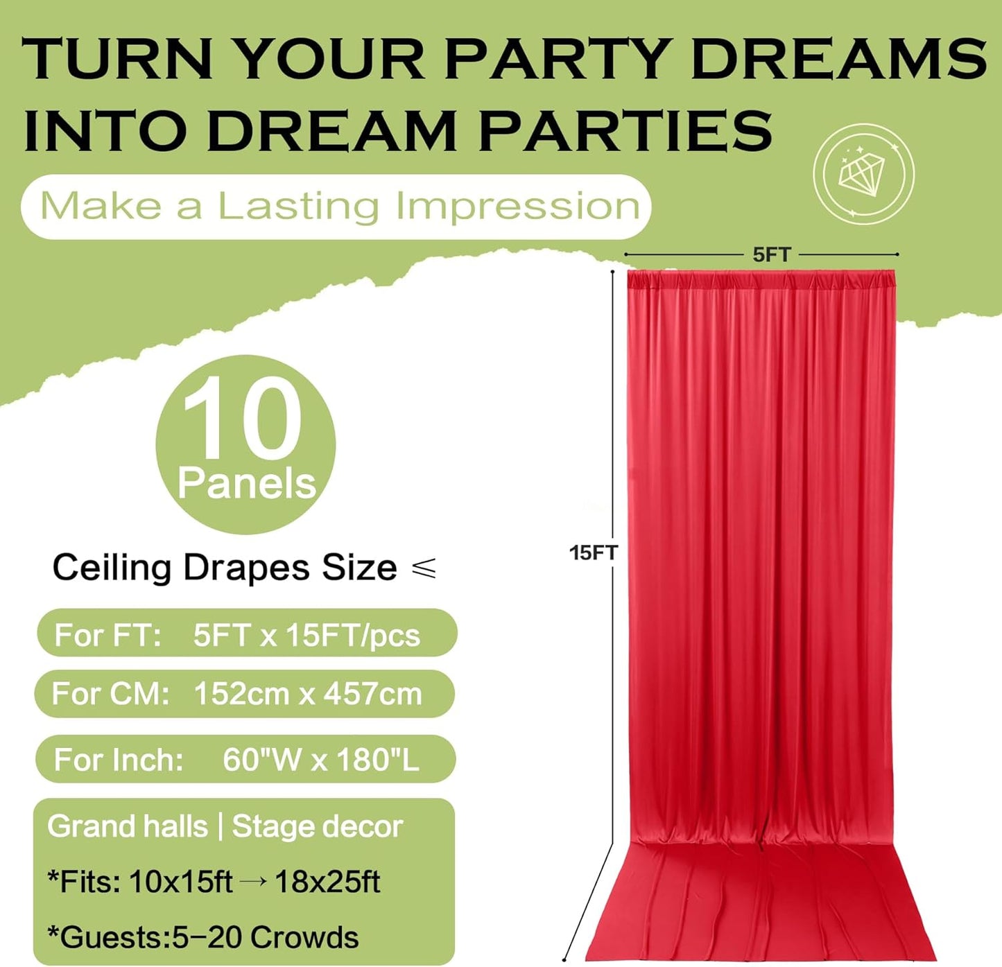 PartyVillage 50ft×15ft Red Backdrop Curtain for Wedding Parties, 10 Panels Wrinkle Free 15 FT Long Polyester Photo Backdrop Drapes Back Drop Cloth for Birthday Photography Background