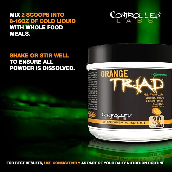 CONTROLLED LABS Orange Triad Plus Greens for Men and Women, 30 Servings Iron Free Sports Supplement for Overall Health, Multivitamin, Digestion, Immune System, and Joint Health