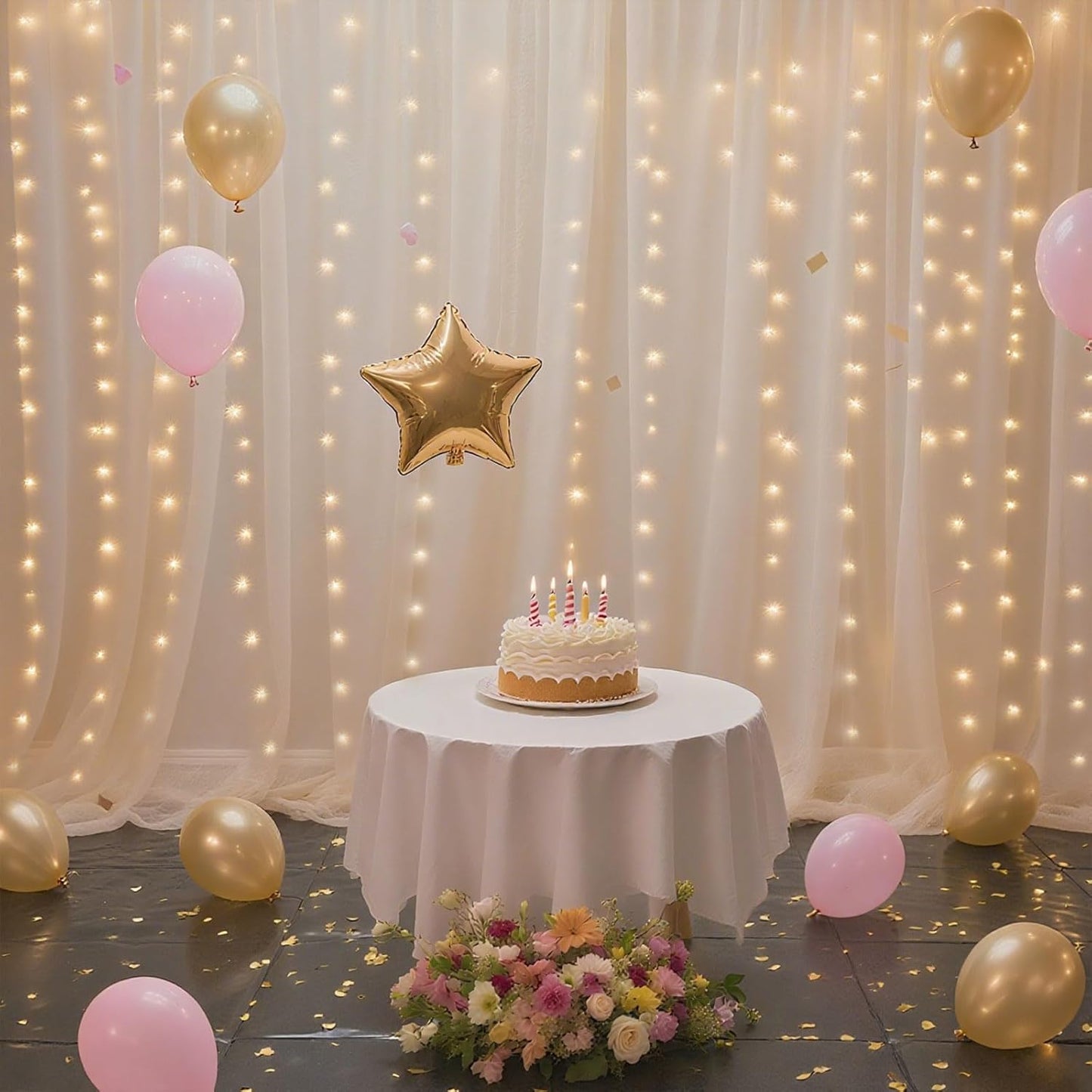 10×10ft Tulle Backdrop Curtains with Lights String - 300LED Fairy Lights Sheer Curtain Backdrop for Weddings Baby Shower and Birthday Party Decorations(6 Panels 5×10ft)