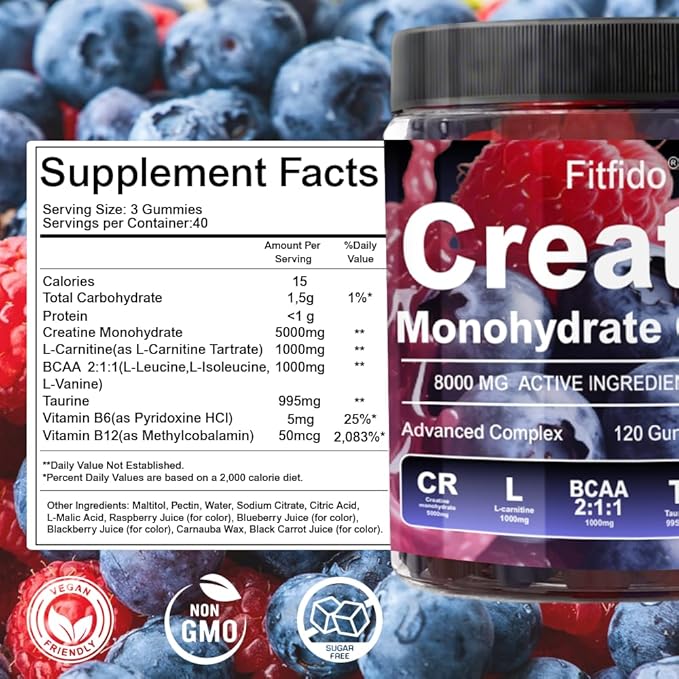 Creatine Monohydrate Gummies Complex 8000mg for Men and Women, Containing L-carnitine & Taurine, Build Muscle, Boost Energy, Faster Recovery, Pre-Workout Supplement, Raspberry & Blackberry, 120 Count