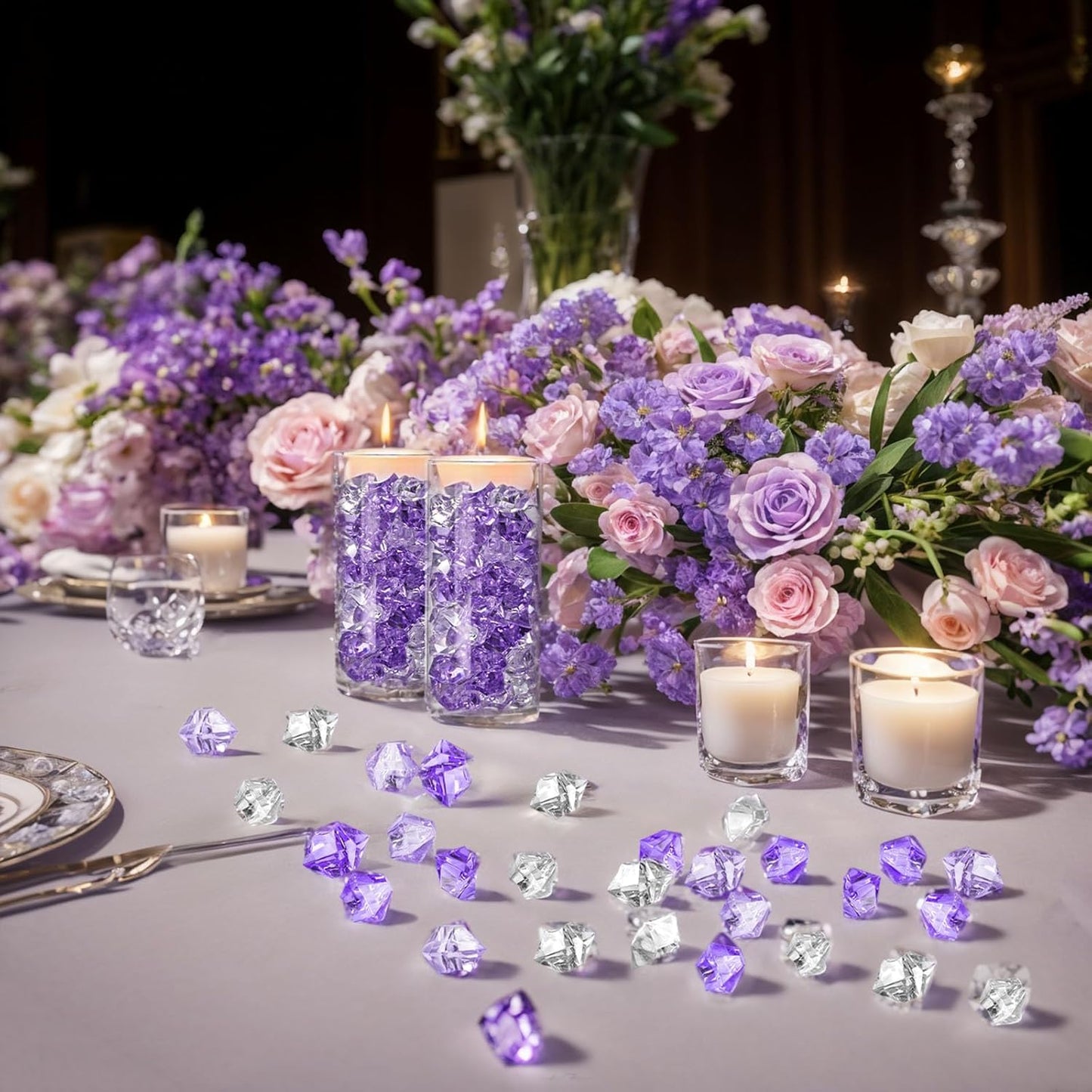 DomeStar 150PCS Fake Ice, Vase Filler Purple Fake Diamonds Plastic Clear Gems Crystals for Table Scatter Decoration