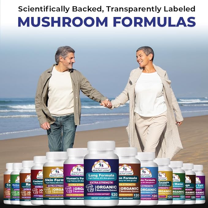 CANCER SCIENCES Lung Health & Wellness Supplement, USDA Certified Organic Mushrooms Extract, 1,500 mg Extra Strength, High Potency 40% Beta-Glucans, Immune Support, Healthy Lungs Booster, 120 Capsules