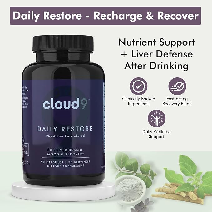 Cloud9 Daily Restore – Liver Detox & Recovery Supplement with Milk Thistle, NAC & B-Vitamins – Energy, Focus & Nutrient Support After Drinking – 90 Capsules – Made in USA