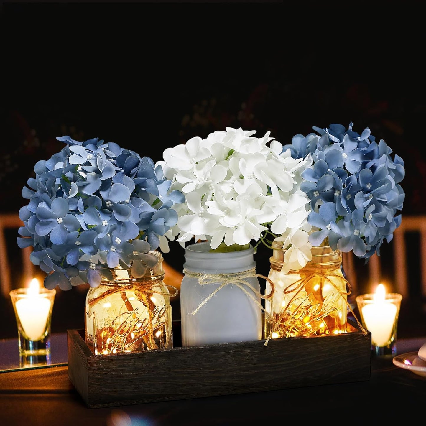Mason Jar Lights Centerpiece Table Decor for Dining Room Farmhouse Coffee Table Decor with Wood Tray Fairy Lights Fake Hydrangea Flowers for Kitchen Living Dining Room - Blue White
