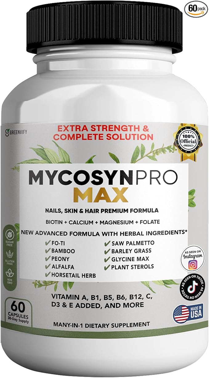 Mycosyn Pro Max Hair Skin Nails Supplement, 60 Capsules, 30 Day Supply, with Biotin 5000mcg, Vitamins A B C D E, Minerals (1)