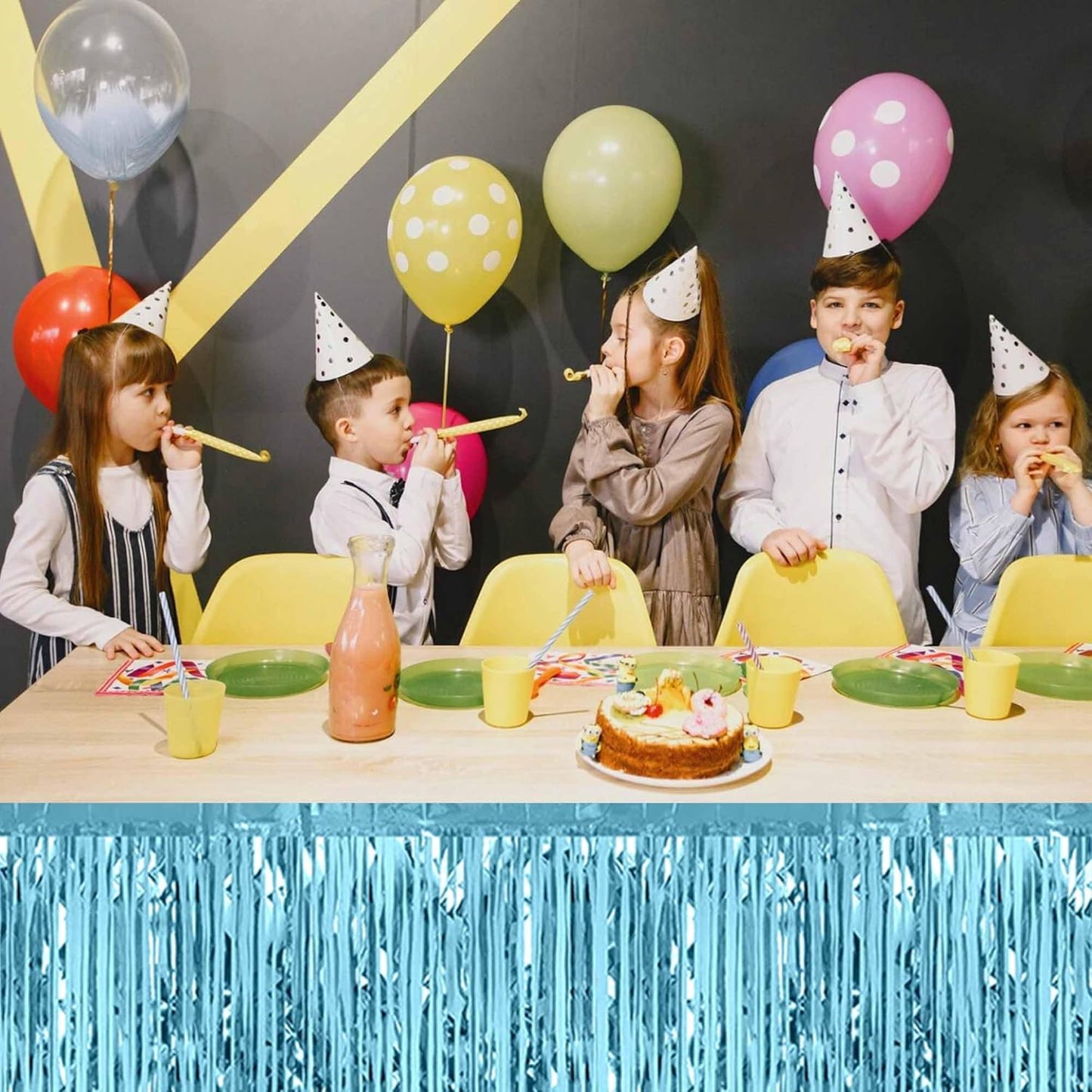 3 Pack 29 x108 Inch Light Blue Foil Fringe Table Skirts Metallic Banner for Tinsel Streamer Garland Backdrop for Parade Floats Mother's Day, Graduate, Birthday, Wedding Party Decoration