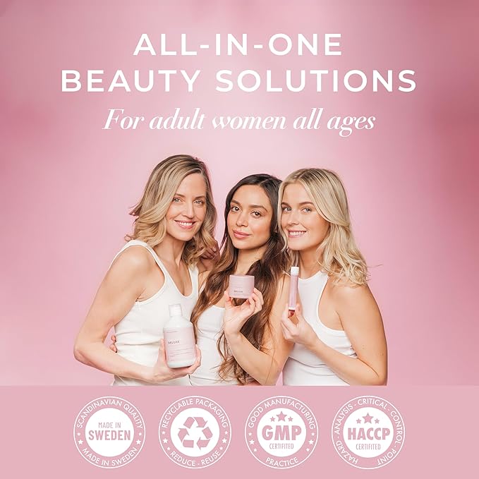Swedish Collagen Deluxe | 12,500 mg Hydrolyzed Marine Collagen Liquid Supplement - 20 x 25 ml Daily Shots | Hyaluronic Acid, Biotin and Vitamin C for Healthy Hair, Skin, Nails and Joints | Sugar-Free
