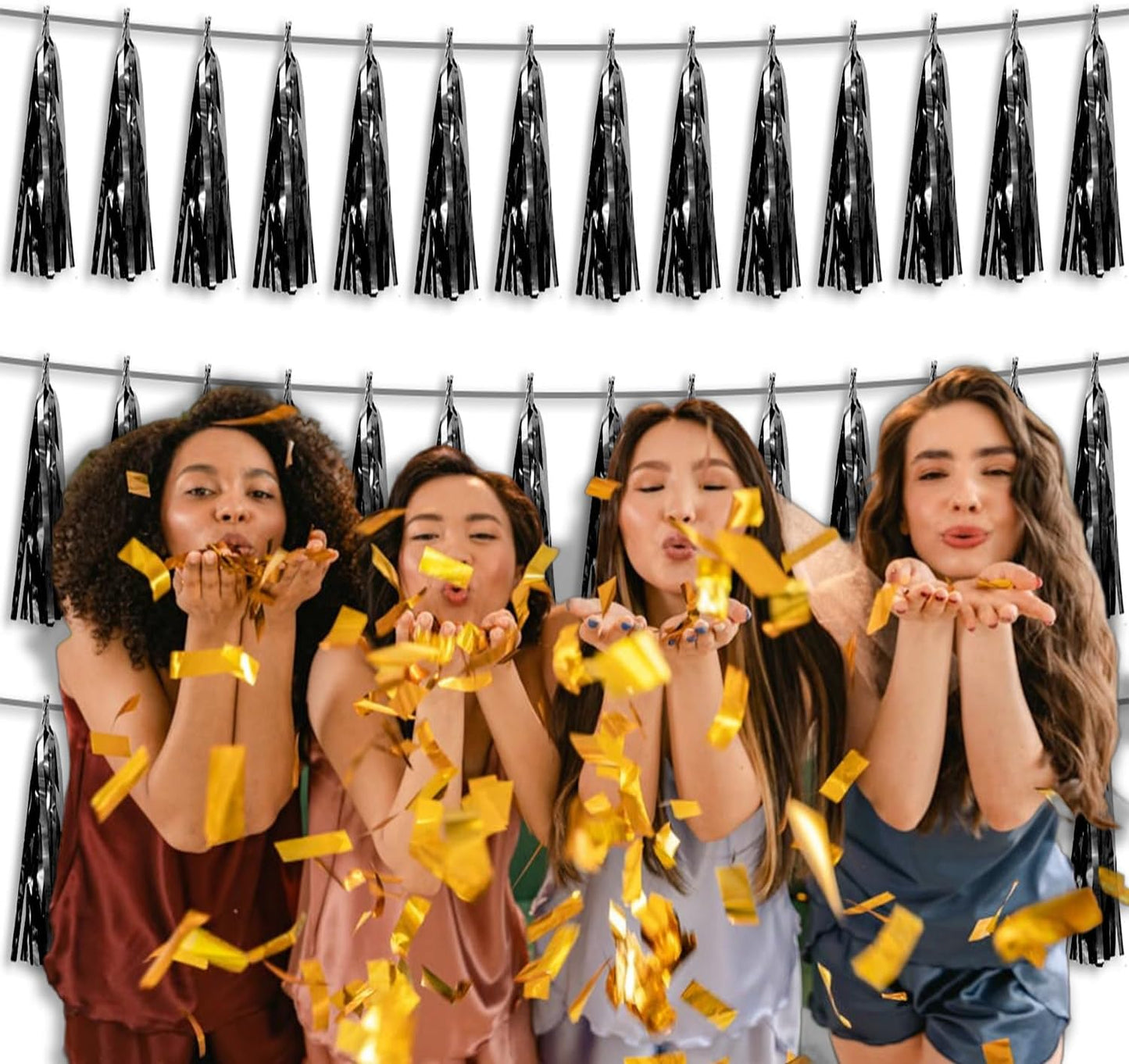 3P Metallic Fringe Tassel Banner Garland Foil Tinsel Streamer Wall Hanging Curtain Backdrop Banners for Parade Floats, 2024 Graduation Decorations, Father’s Day Party Decoration(Black)