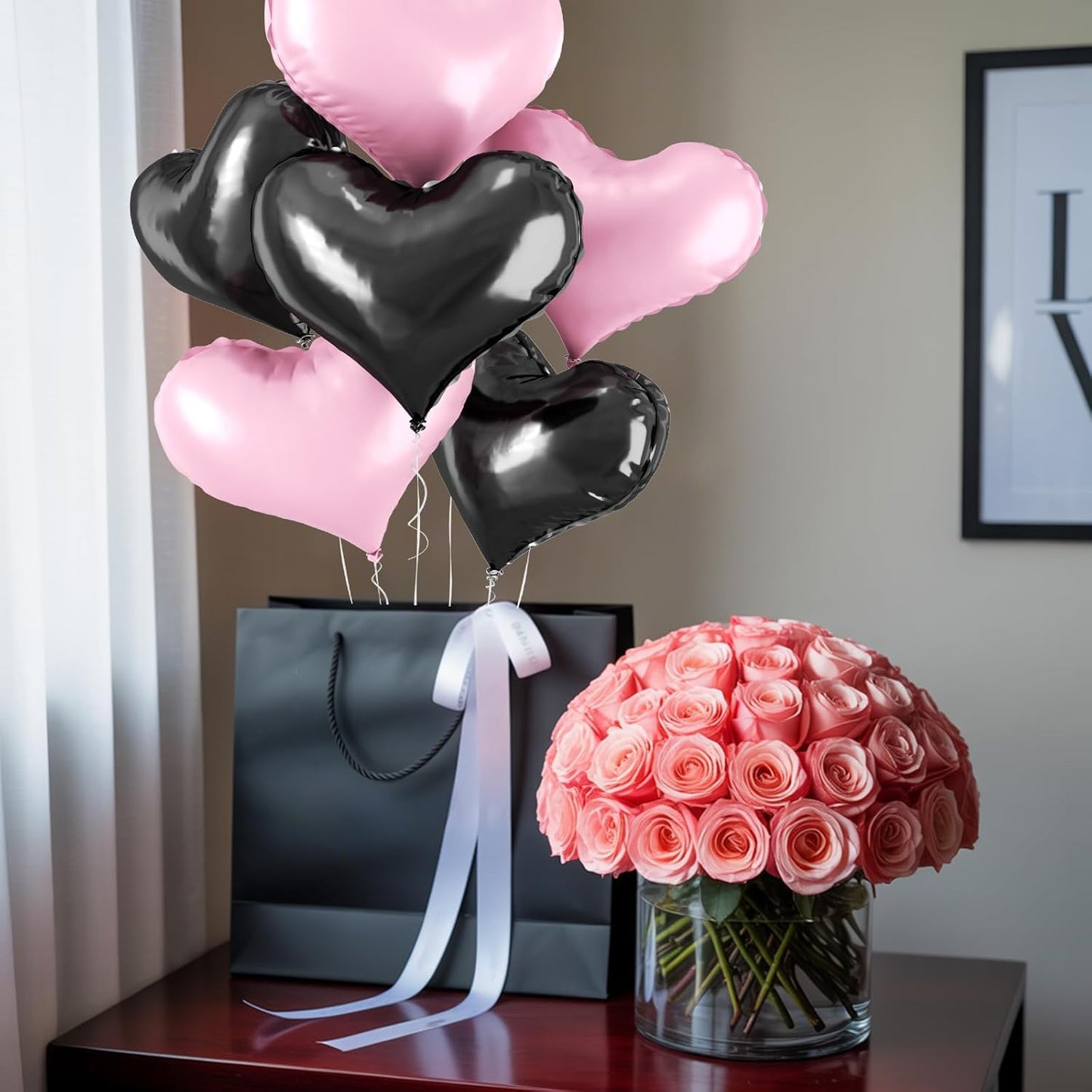 24 Inch Pink Black Heart Balloons, Pink and Black Heart Shaped Foil Balloons, Love Helium Balloon for Girls Women Valentines Day Bridal Shower Wedding Birthday Party Supplies