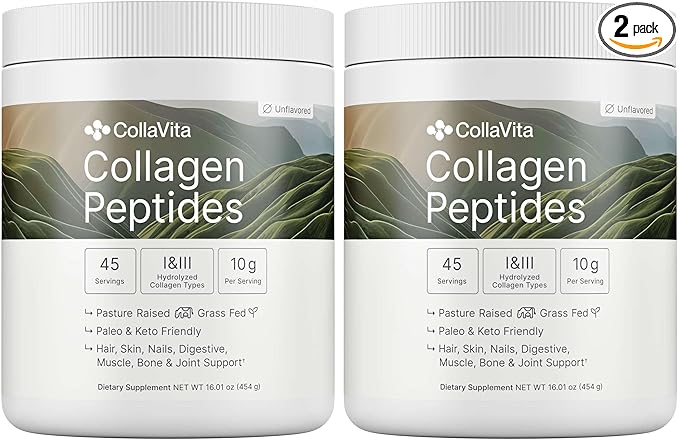 Collagen Peptides Powder Grass-Fed Pasture-Raised Hydrolyzed Collagen Powder, Type I & III Hair, Nails, Skin and Joints, Non-GMO, Paleo & Keto, Unflavored, 16 Fl oz. 2 Pack, 45 Servings