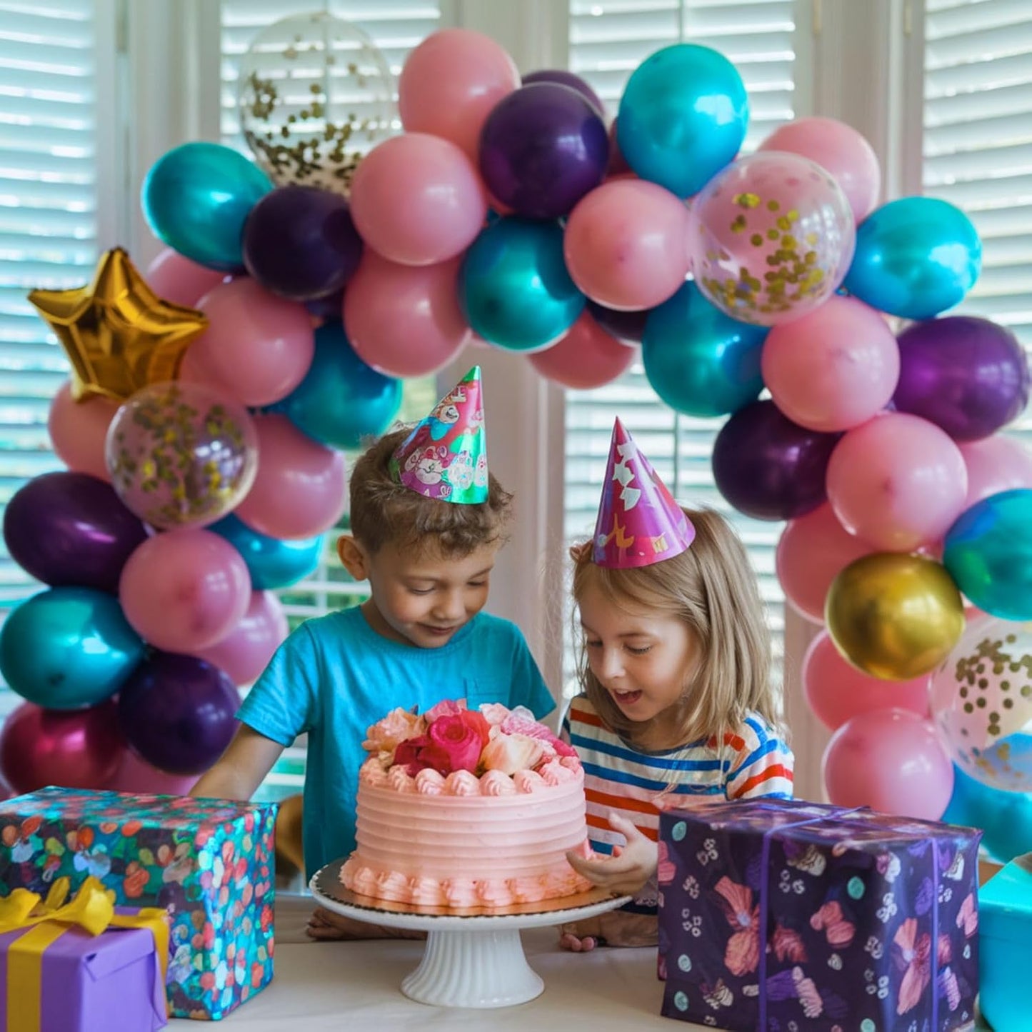 Teal Pink Purple Balloons, 12 Inch Princess Balloons, Pastel Pink Teal Purple Metallic Gold Confetti Balloon Latex Balloon for Girl Baby Shower Gender Reveal Princess Birthday Party Decoration