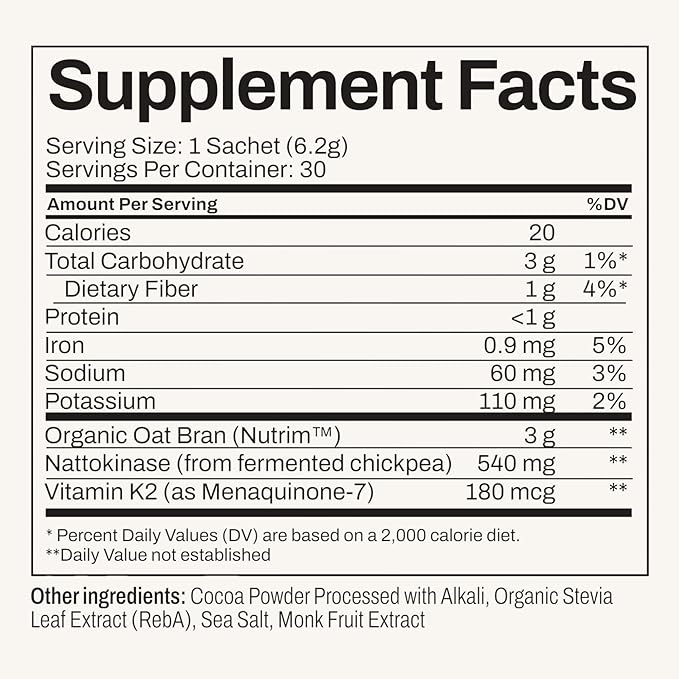 Toku Flow, Functional Daily Powder with 10,800 FU Soy-Free Nattokinase, Vitamin K2 MK7 & Oat Beta Glucan, Plant-Based Formula, Chocolate Flavor, 30 Packets