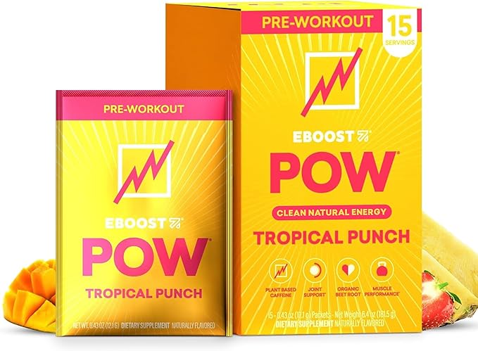 EBOOST POW Natural Pre Workout Powder - 15 Packets, Tropical Punch - Preworkout Energy Booster Gym Supplement Drink Mix for Men and Women - Performance, Joint Mobility Support - Gluten-Free