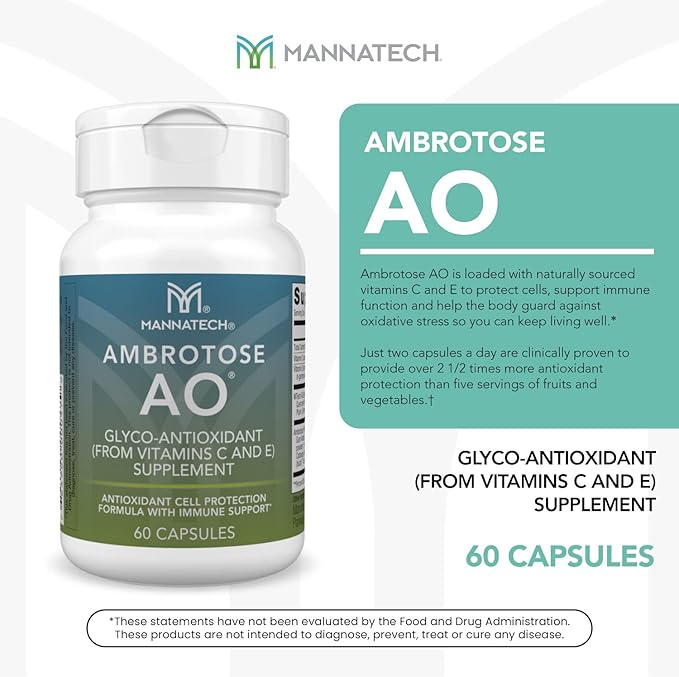 Mannatech Ambrotose AO 60 Capsules Loaded w/ Vitamin C and Vitamin E. Helps Body Against Free Radicals. Gluten-Free, Dairy-Free & Vegetarian-Friendly Immune Support Supplement