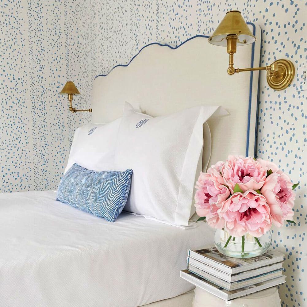 Hollyone Light Pink Peonies Artificial Flowers with Vase Faux Flowers Peony Fake Flowers Silk Flower Arrangements in Glass Vase with Faux Water for Bathroom Table Centerpiece Shelf Home Decor