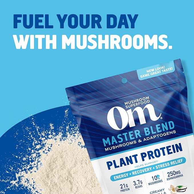 OM MUSHROOM SUPERFOOD Master Blend Plant-Based Protein Powder, 16 Servings, Creamy Vanilla with 10 Mushroom Blend & Adaptogens for Recovery, GLP-1 Support