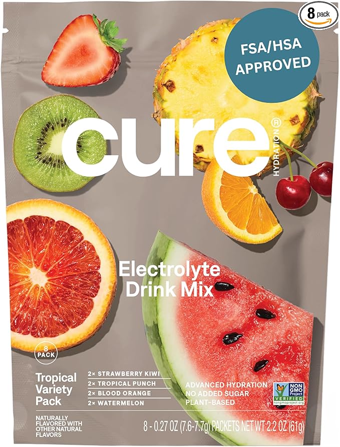 Cure Hydration | Plant-Based Electrolyte Drink Mix | No Added Sugar | FSA-HSA | Dehydration Relief Powder Made with Coconut Water | Non-GMO | Vegan | 8 Packets - Tropical Variety Pack