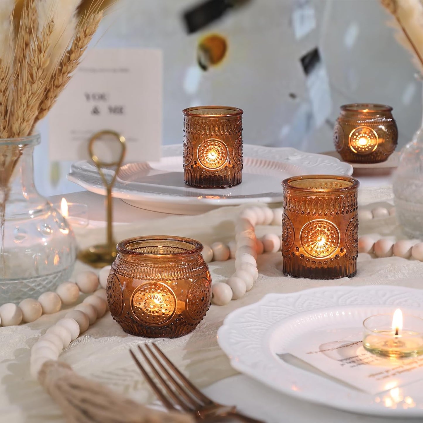 DARJEN 12Pcs Amber Votive Candle Holders - Vintage Glass Candle Holders for Flameless LED Tea Waxes, Tealight Candle Holder for Wedding & Home Table Decor, Vintage Parties