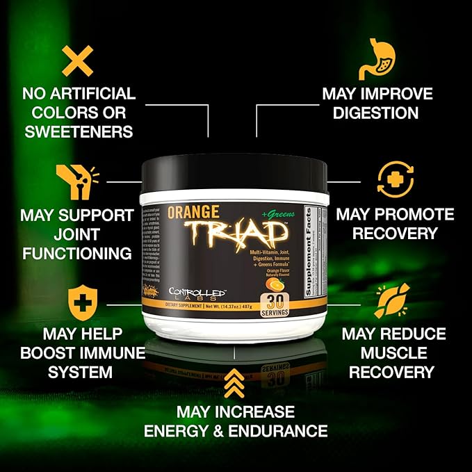 CONTROLLED LABS Orange Triad Plus Greens for Men and Women, 30 Servings Iron Free Sports Supplement for Overall Health, Multivitamin, Digestion, Immune System, and Joint Health