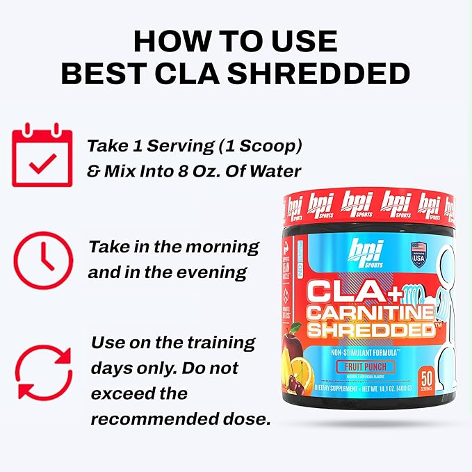 BPI Sports CLA + Carnitine Shredded - Convert Fat Cells Into Energy and Supports Lean Muscle, Boost Metabolism - Non-Stimulant L-Carnitine Supplement - Fruit Punch (14.1 oz. / 50 Servings)