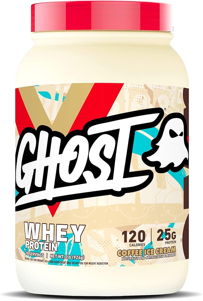GHOST Whey Protein Powder, Coffee Ice Cream - 2LB, 25G of Protein - Whey Protein Blend - Post Workout Fitness & Nutrition Shakes, Smoothies, Baking & Cooking - Soy & Gluten-Free