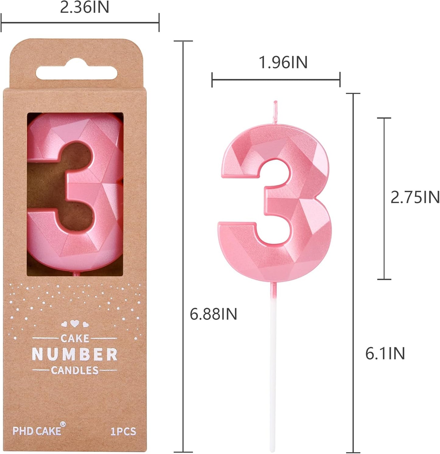 PHD CAKE 2.76 Inch Crystal Pink 3 Number Birthday Candles, Pink Number Candles, Cake Number Candles, Party Celebration