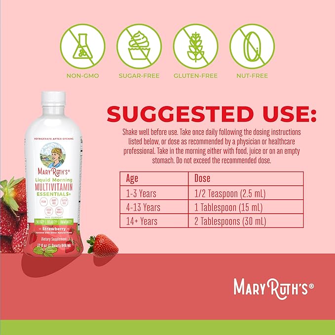 MaryRuth Organics Liquid Morning Multivitamin Essentials+ | Vitamin A C D E B6 B12 Biotin Zinc | Men's & Women's | Immune Support | Beauty | Sugar Free | Vitamins for Ages 1+ | Vegan | 32 Fl Oz