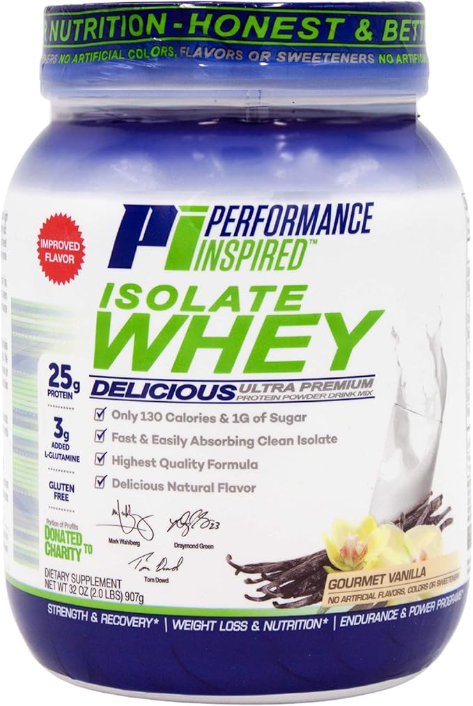 Performance Inspired Nutrition Isolate Whey Protein Powder - All Natural - 25G - Fast Absorbing & Clean - Added L-Glutamine - Contains BCAAs - Vanilla - 2lbs