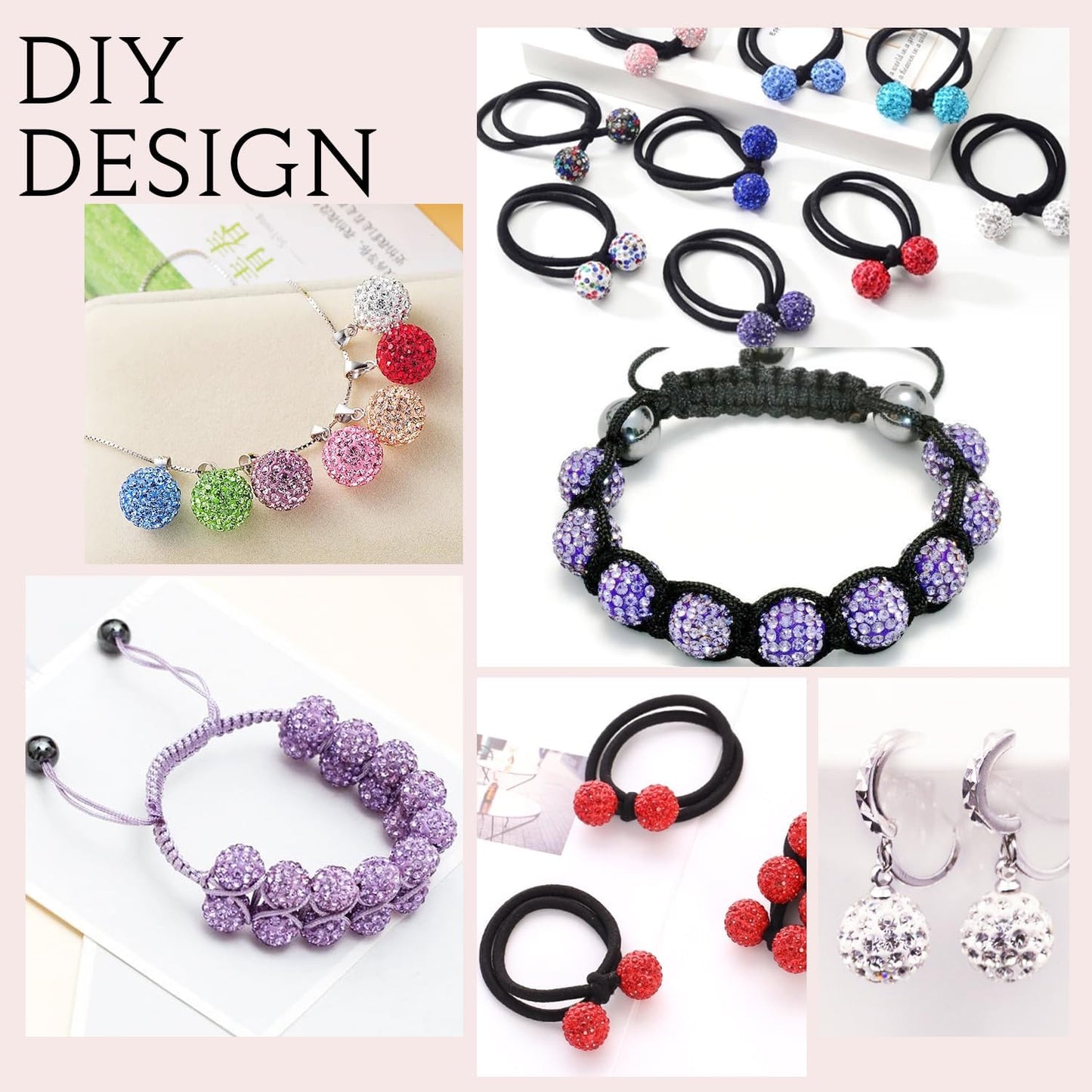 100pcs 10mm Rhinestone Beads for Jewelry Making, Pink White Shiny Round Shamballa Disco Ball Beads Bulk, Sparkle Crystal Clay Christmas for Bracelet Baseball Necklace Earring Crafting and DIY