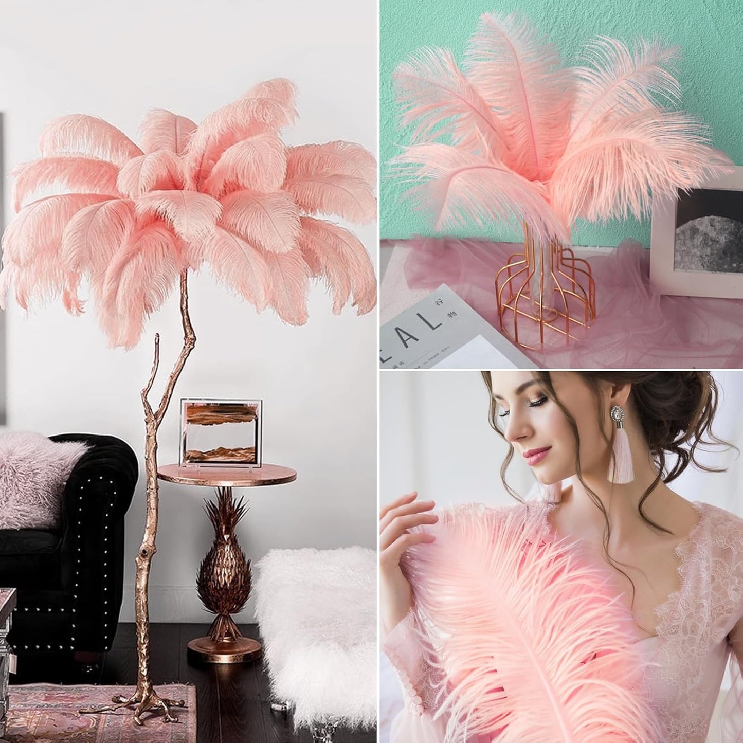 NEWONG 30pcs Rouge Pink Ostrich Feathers Natural Bulk 8-10in(20-25cm) Vase Craft Wedding Home Party Centerpieces Christmas Day Decoration