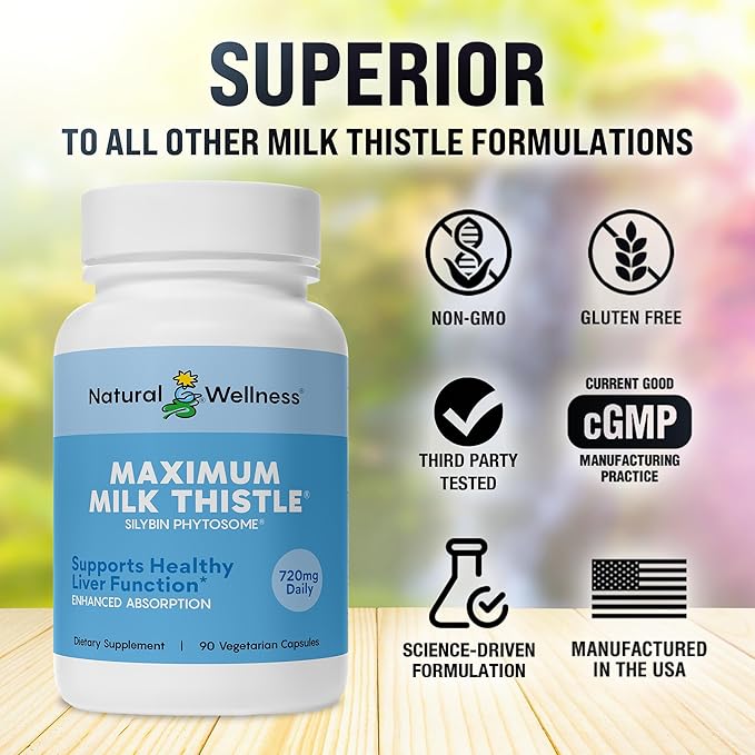 Natural Wellness Maximum Milk Thistle - 720mg Daily Dose (3x 240mg Capsules) - Potent Liver Detox & Repair Supplement, Non-GMO, Gluten-Free, Vegan - Advanced Fatty Liver & Enzyme Health
