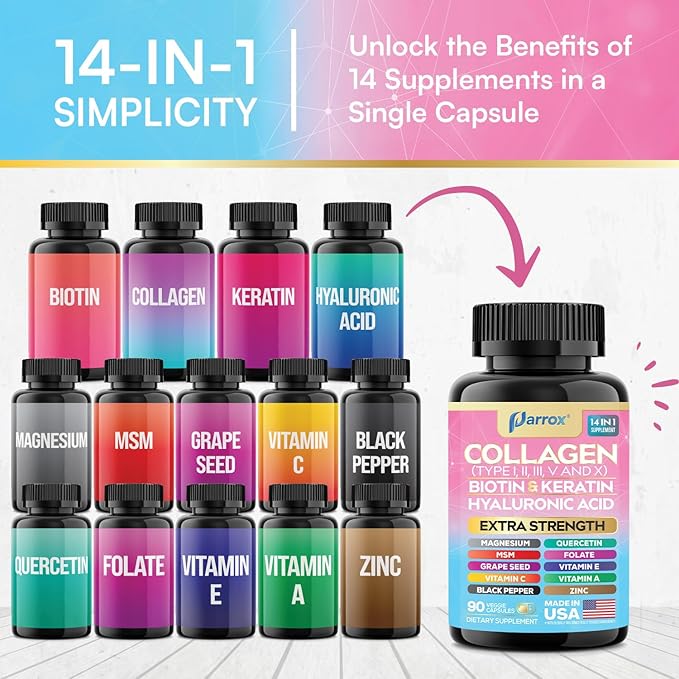 Collagen Peptides Types I, II, III, V & X, MCG Biotin, Keratin, Hyaluronic Acid, MSM, Zinc, Grape Seed Extract, Quercetin, Vitamin A, C & E, Folate, Black Pepper, Magnesium, Folic Acid (3 Pack)