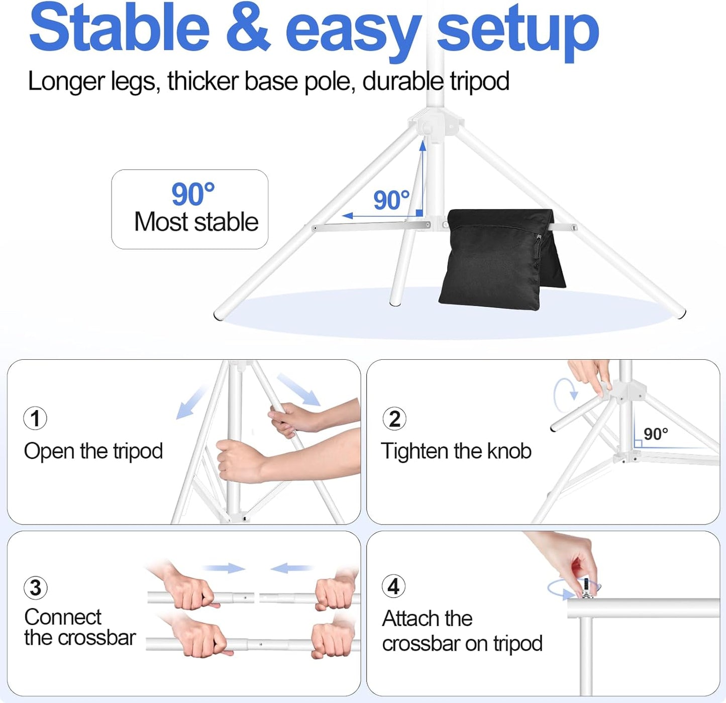 EMART Backdrop Stand, 20x7ft(WxH) Large Adjustable Background Support System with 308° Angle Rotatable Connector, 8 Clamps, 3 Sandbags and Carry Bag for Paties, Wedding, Photography Studio -White