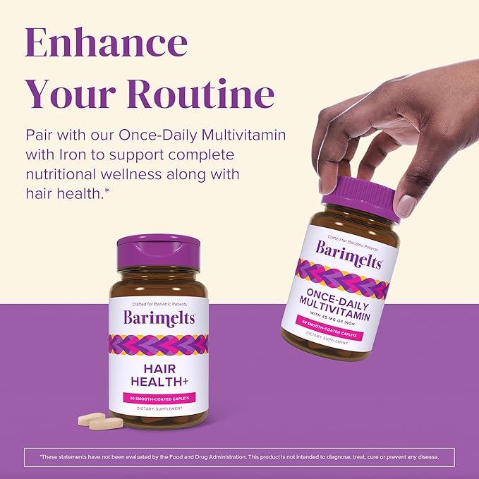 Barimelts Hair Health+ for GLP-1 Users and Bariatric Patients - Hair Growth Supplement Helps Reduce Visible Hair Thinning - 30 Smooth-Coated Caplets (1-Month Supply)