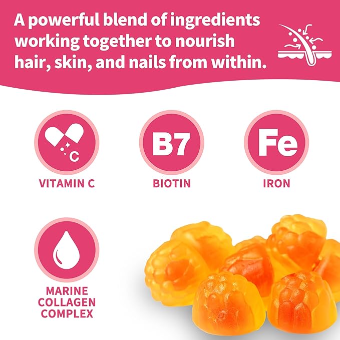 Women's Hair Growth Supplement Gummies, Nourishes Thinning Hair & Boosts Hair Thickness, with Collagen, Biotin, Zinc, Vitamin C & Iron – Pineapple Flavor – 90 Gummies, 45 Day Supply
