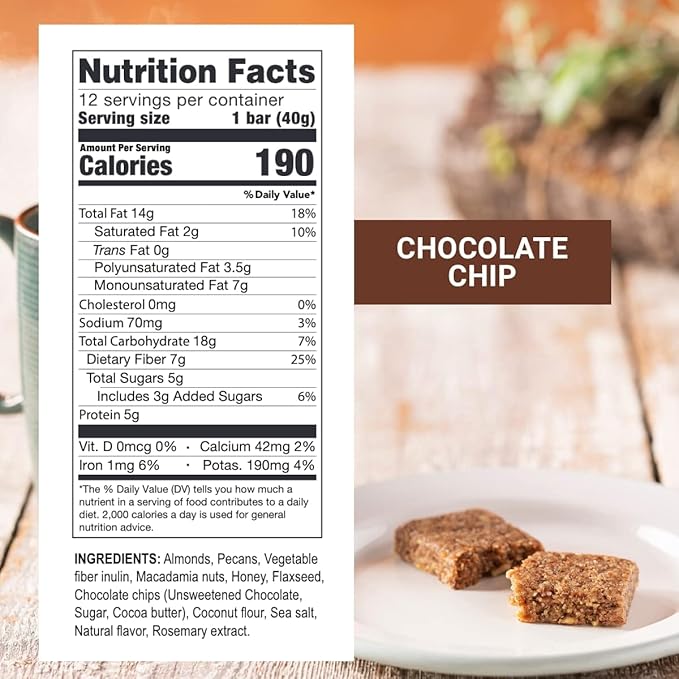 Prolon Fasting Bars | 5g Protein, 7g Fiber | Keto-Friendly, Gluten-Free, Dairy-Free, Plant-Based | Nutrition for Intermittent Fasting | Formulated to Not Break Your Fast | Chocolate Chip (24 Count)