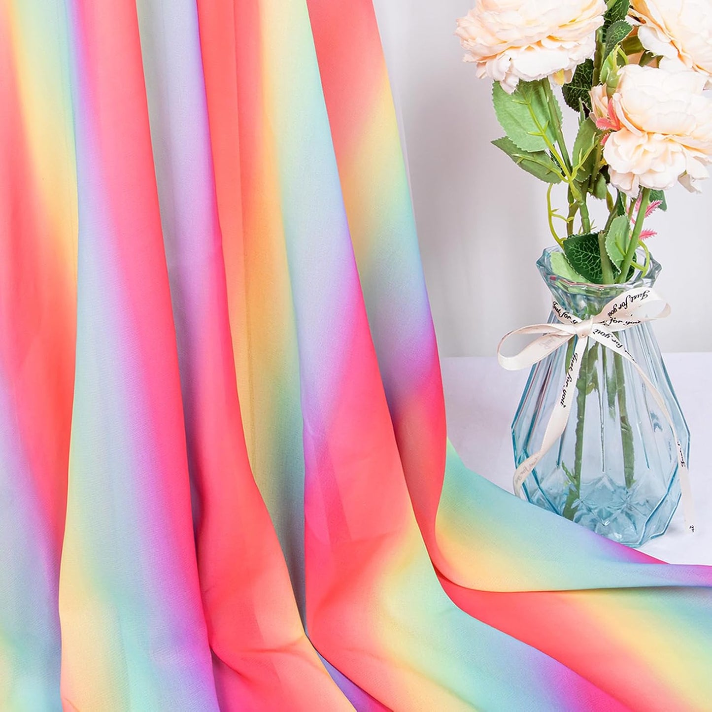 DUOBAO Rainbow Chiffon Wedding Ceiling 10FT Length Photo Background Curtain Decorations with Rod Pocket for Banquet Room Weddings Ceremony Graduation Prom, W 5' x L 10'-6 Panels Bright Rainbow
