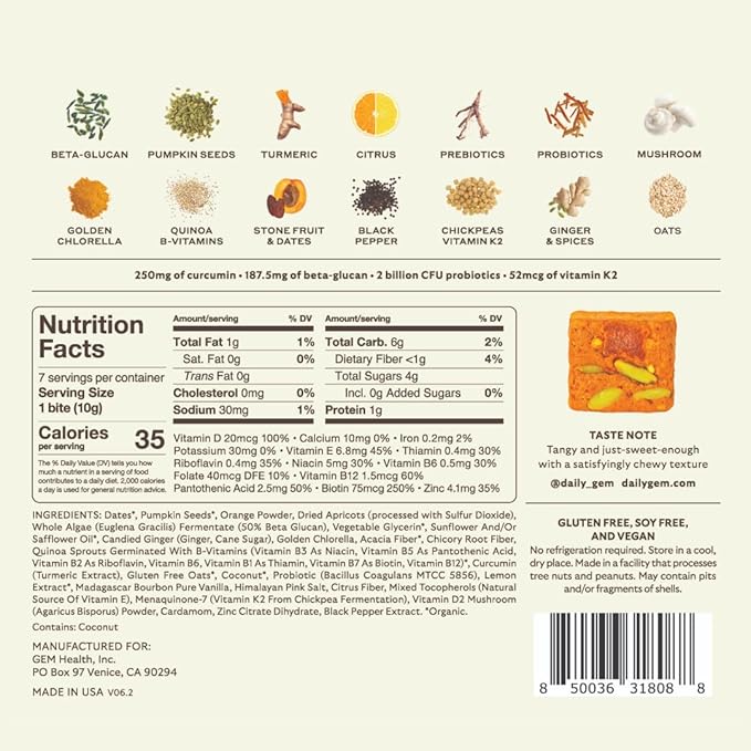 GEM Daily Multivitamin for Women & Men, 20+ Vitamins & Minerals zinc, Vitamin D, B, K, Folic Acid, Turmeric, Beta Glucan GLP-1 booster, Supports Gut, Skin, Brain, Immunity (Citrus Ginger, 28 Servings)