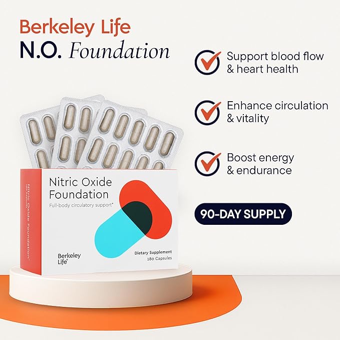 Berkely Life Nitric Oxide Foundation, Full-Body Circulatory Support - Nitric Oxide Supplement with Beet Root Powder Supports Healthy Blood Pressure, Heart & Cardiovascular Health - 180 Capsules