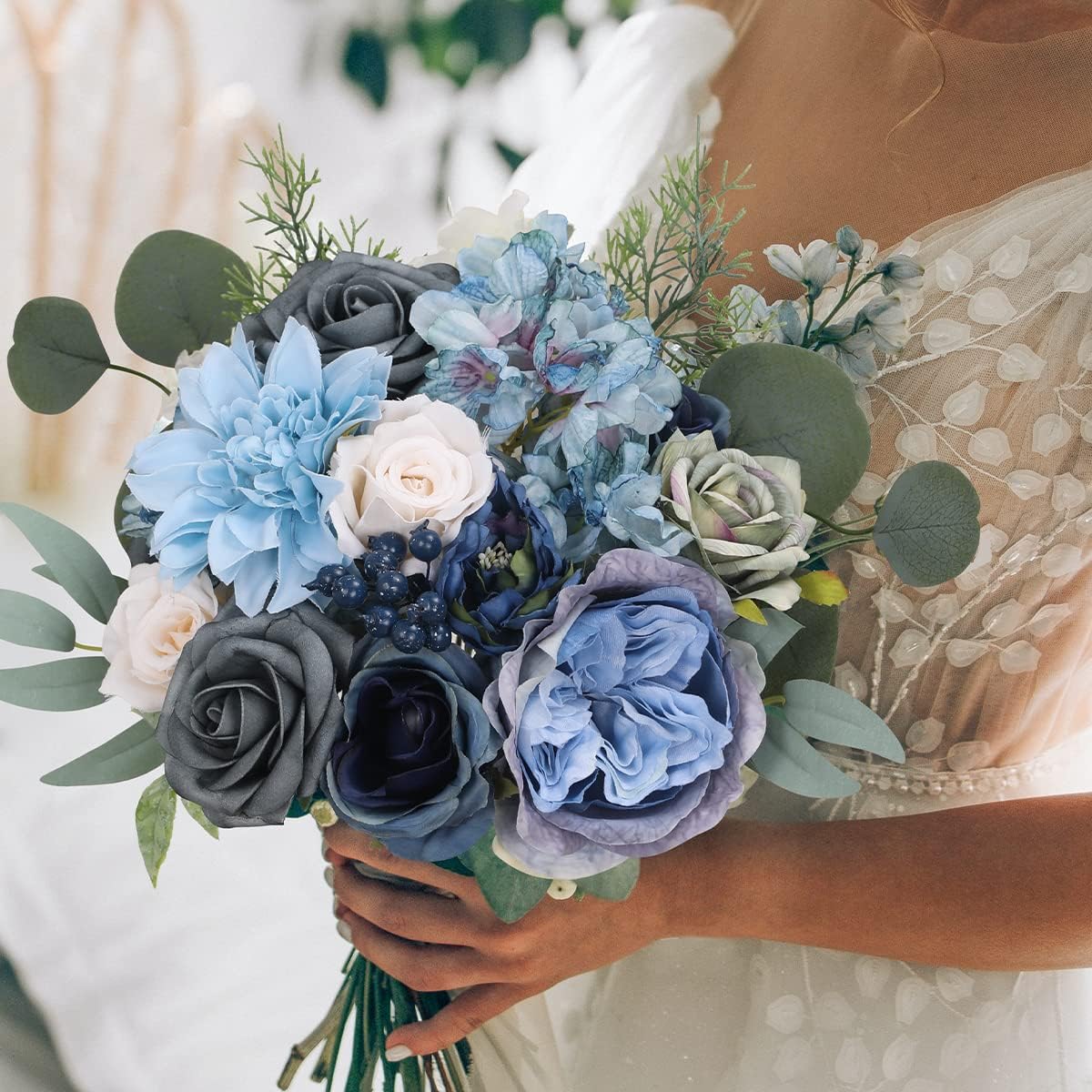 Floweroyal Artificial Flowers Combo Dusty Blue Flowers Mix Silk Flowers Dahlia Roses with Stems for DIY Wedding Bridal Bouquets, Baby Shower, Floral Arrangement, Table Centerpieces, Home Decorations.