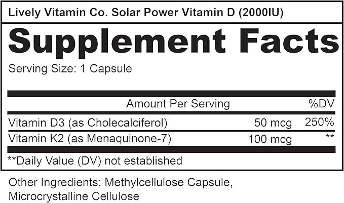 LIVELY VITAMIN CO. Solar Power Vitamin D3 2000 iu - Patented Vitamin K - MK7 - Immune Balance - Brain Function - Mood - Heart - Stress - 180 Count