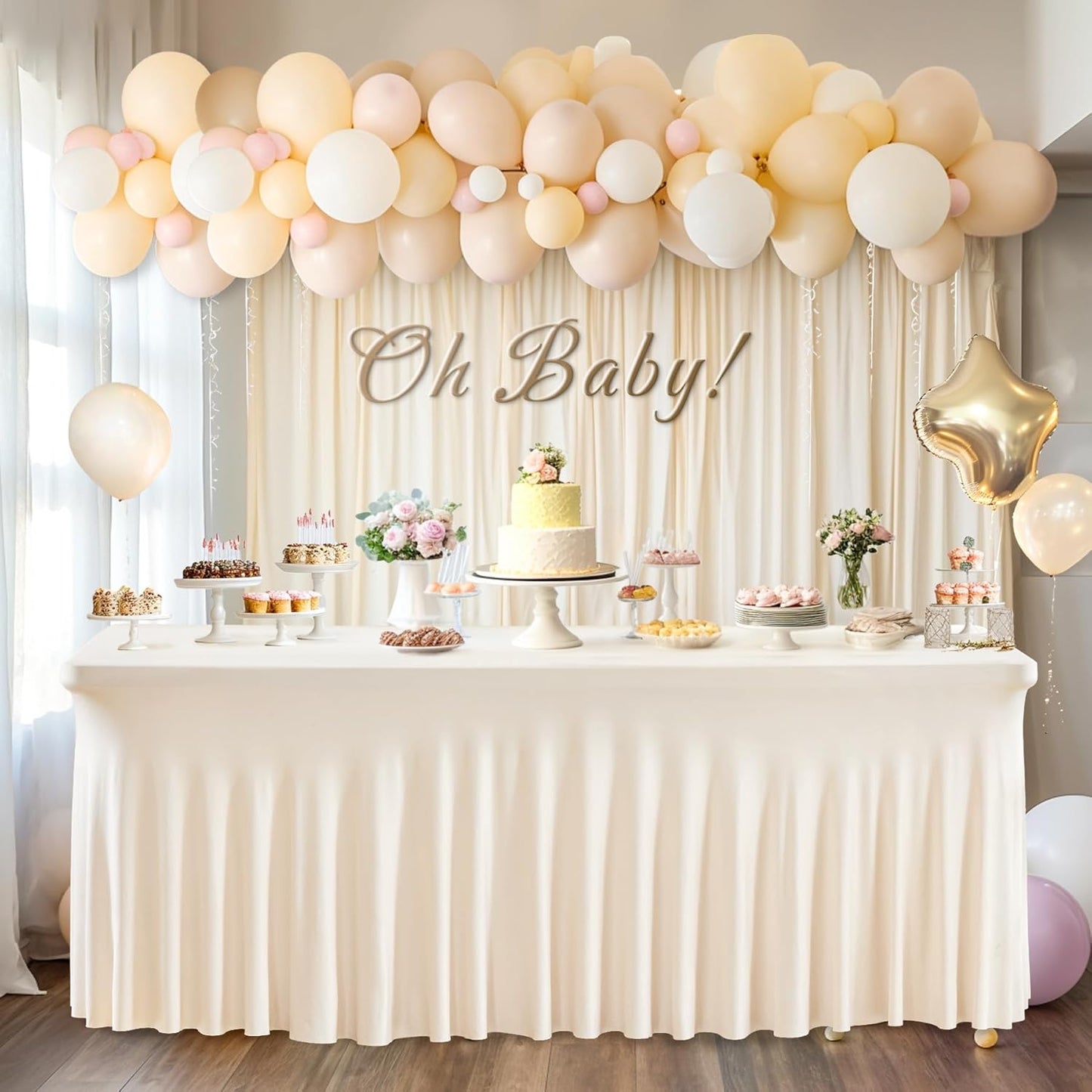 Wish Care 6 Pack Ivory Spandex Table Clothes for 8 Foot Rectangle Tables, 8FT Wrinkle Free Fitted Tablecloths Ruffles Design Table Cover for Party, Banquet, Wedding and Events