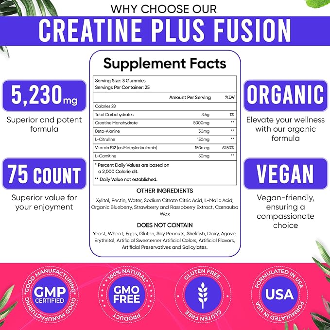 Adndale Creatine Monohydrate Gummies for Men & Women, 5000mg per Serving Creatine Supplement with Beta-Alanine, L-Citrulline & B12 - Supports Strength and Energy - 75 Vegan Gummies, Sugar-Free