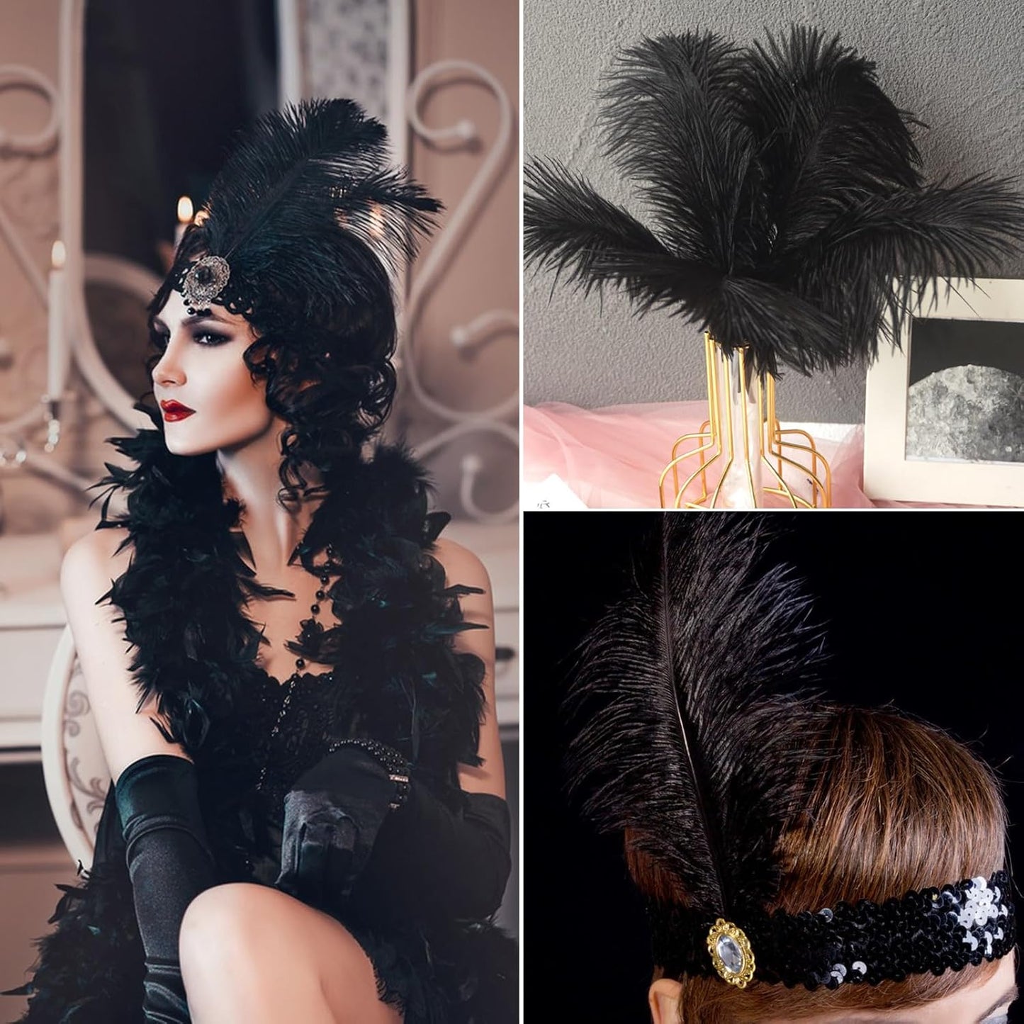 NEWONG 30pcs Black Ostrich Feathers Natural Bulk 9-12inch(23-30cm) Vase Craft Wedding Home Party Centerpieces Christmas Day Decoration