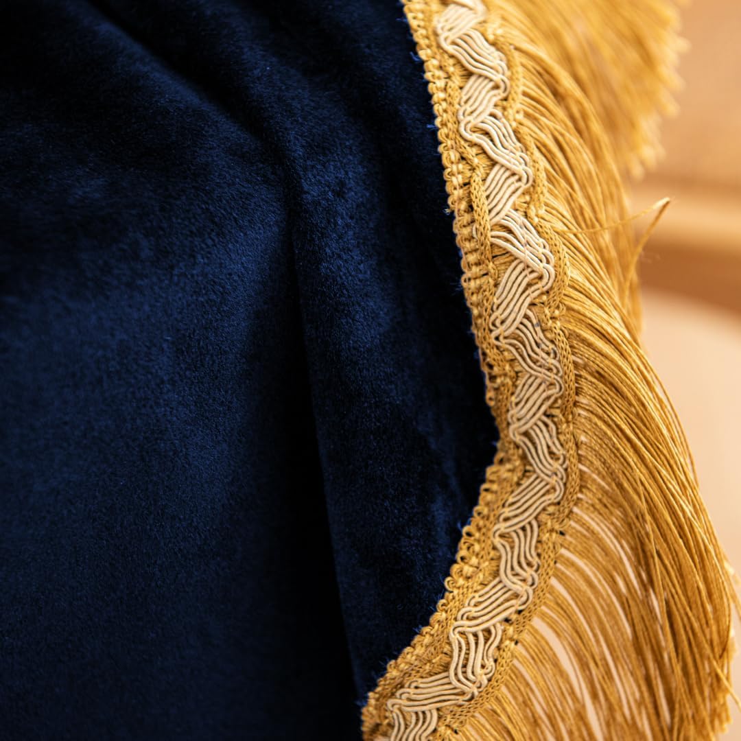 F-CHU Luxury Blue Tablecloth Thickset Velvet Tablecloth with Beautiful Gold Tassels Vintage Table Cloth for Home Decor Wedding, Party, Banquet and Events 60x102-Inch