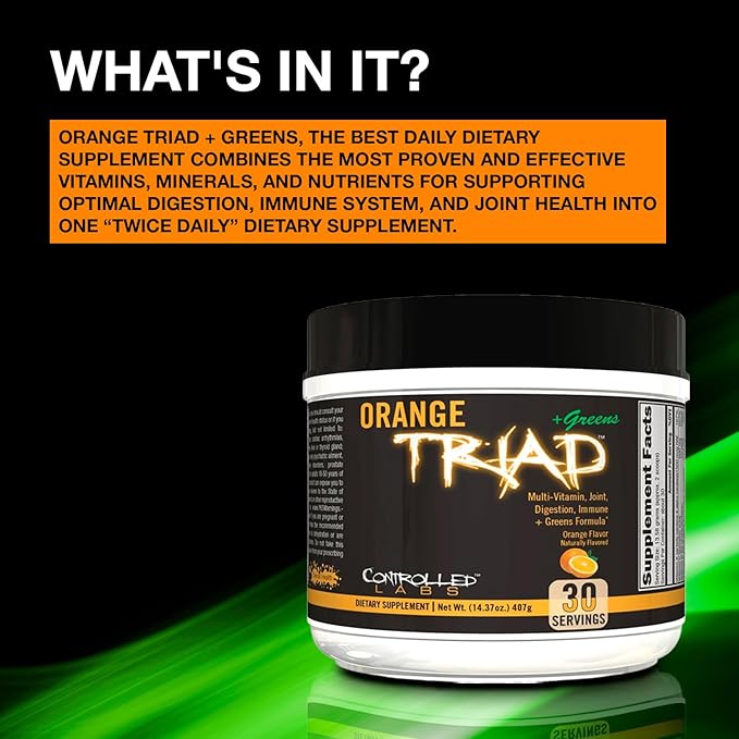 CONTROLLED LABS Orange Triad Plus Greens for Men and Women, 30 Servings Iron Free Sports Supplement for Overall Health, Multivitamin, Digestion, Immune System, and Joint Health