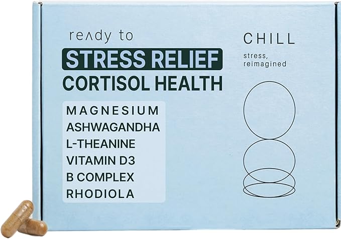 CHILL Stress Relief Supplement – Cortisol Supplements for Women & Men - Balanced Mood, Relaxation & Calm – Magnesium, Ashwagandha, L-Theanine, B Complex – 60 Capsules
