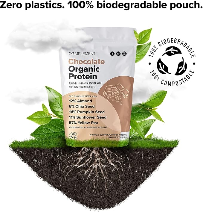 Complement Organic Chocolate Vegan Protein Powder (30 Servings) Low Carb, Low Calorie, Sugar Free, Soy Free, Non-GMO, Non Dairy - Yellow Pea, Pumpkin Seed - 15g Plant Based Protein Powder