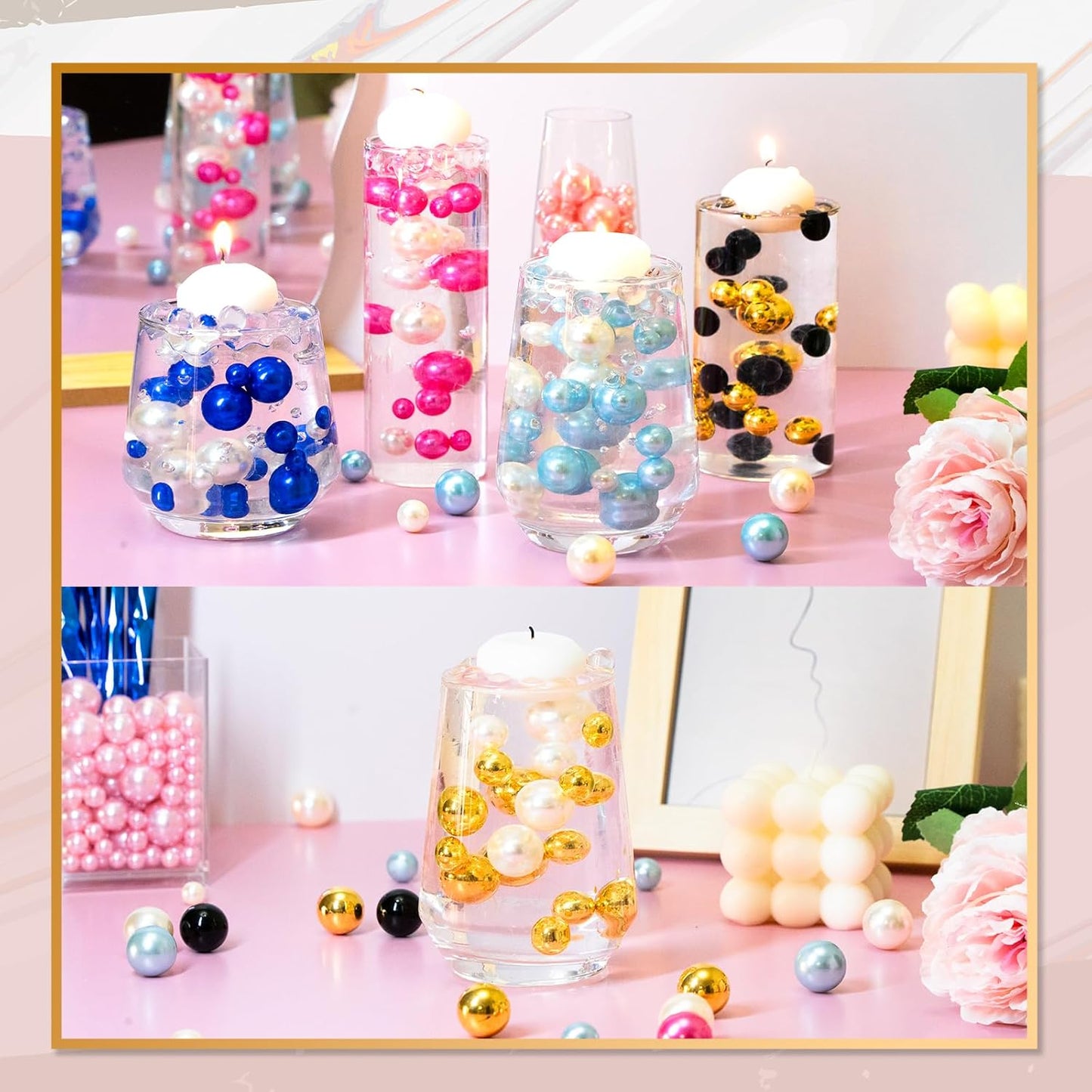 300Pcs Vase Filler Ivory No Hole Faux Pearl Beads for Vase Filling Decorations, Candle Centerpieces, Wedding Centerpieces, Home Party Decor (8/14/20mm)